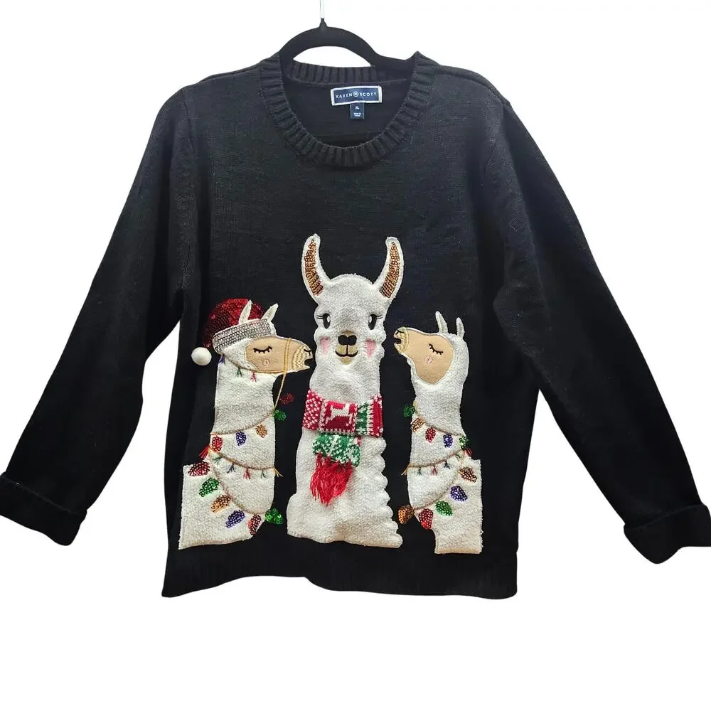 Karen Scott XL Holiday Christmas Crewneck Novelty Sweater Singing Llamas Black